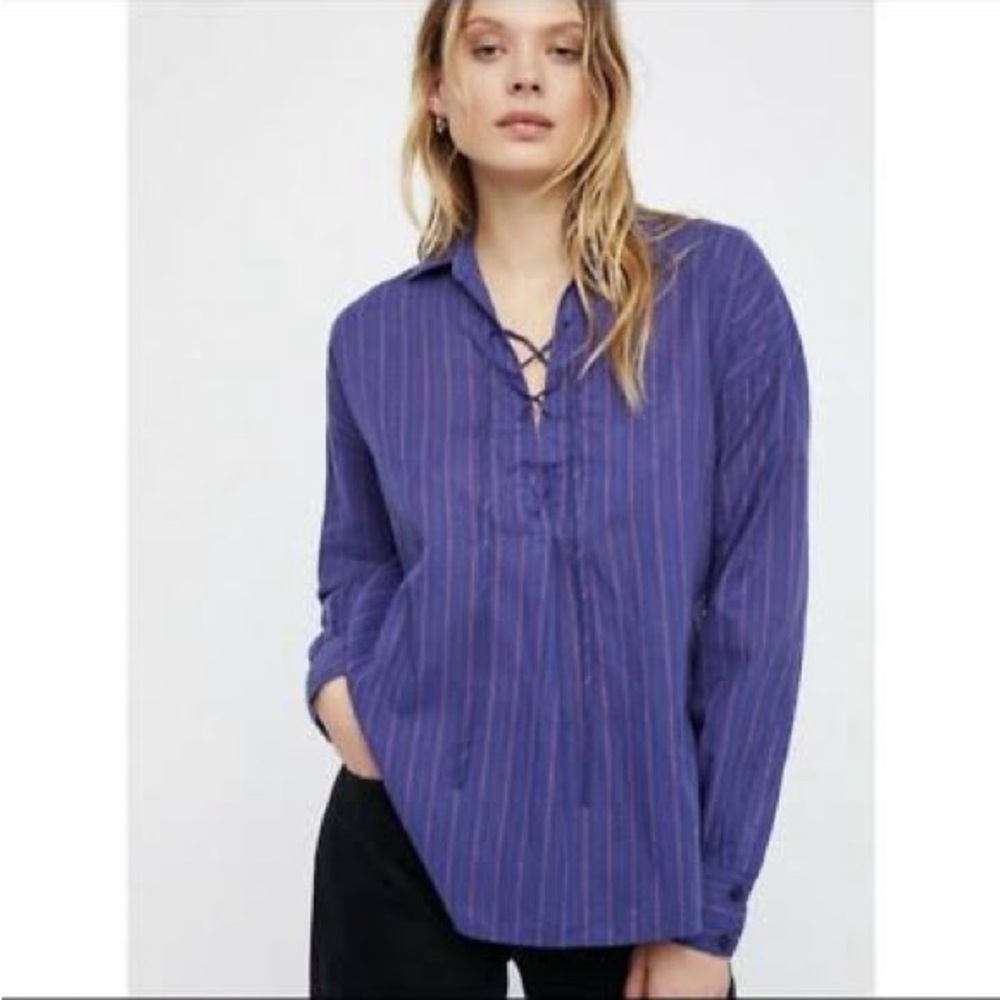 Free People Under Boardwalk Striped Lace-Up Front Linen Blend Top-Women Small